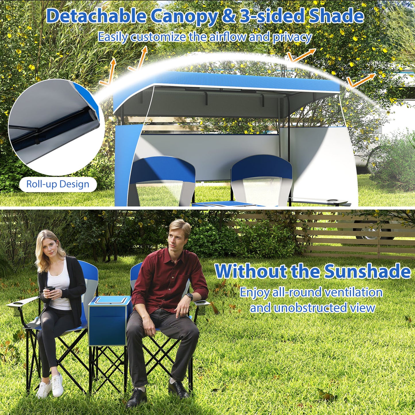 Double Beach Chair with Adjustable Canopy and Roll-up Shade-Navy