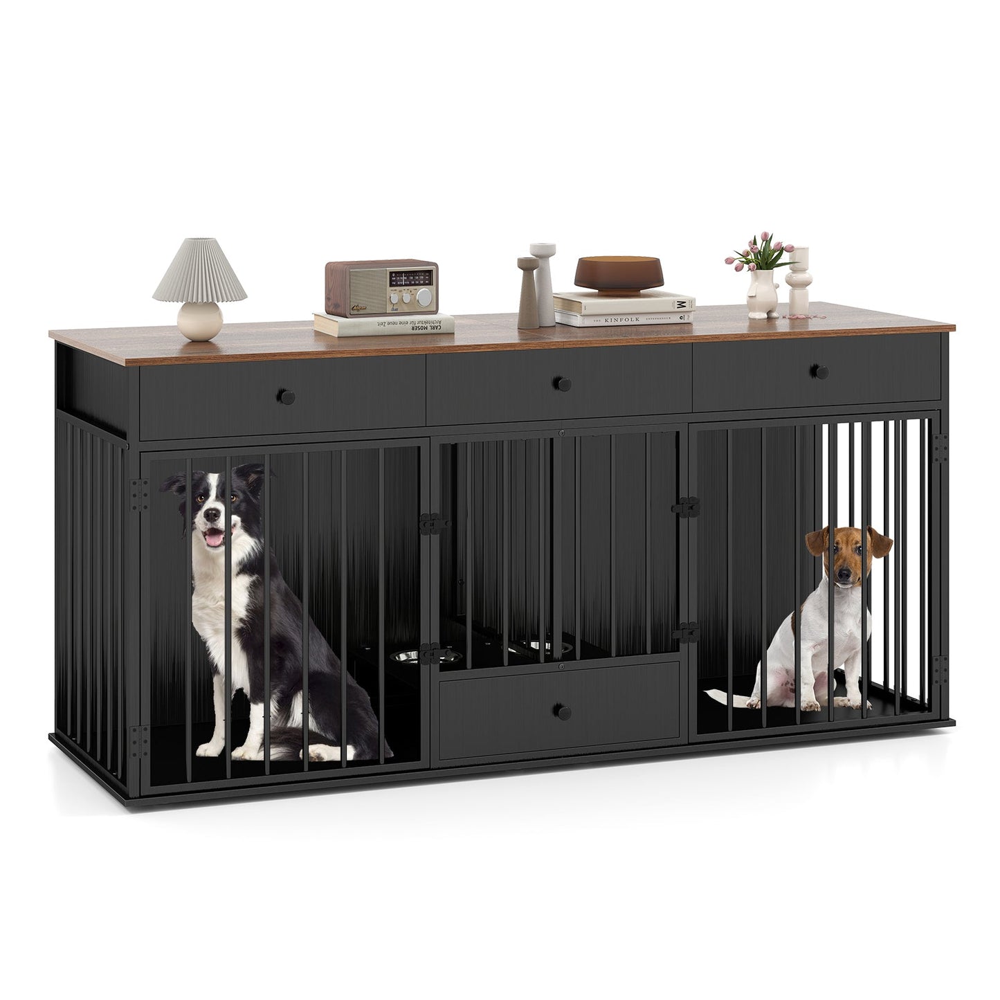Double Dog Crate Furniture Dog Kennel with Pull-out Feeder and 3 Drawers-Black