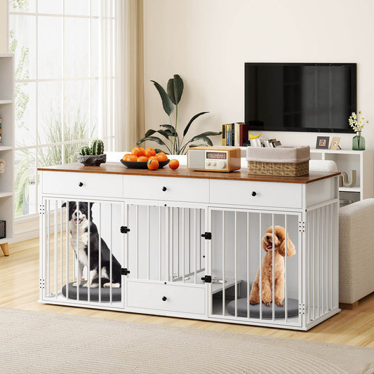 Double Dog Crate Furniture Dog Kennel with Pull-out Feeder and 3 Drawers-White