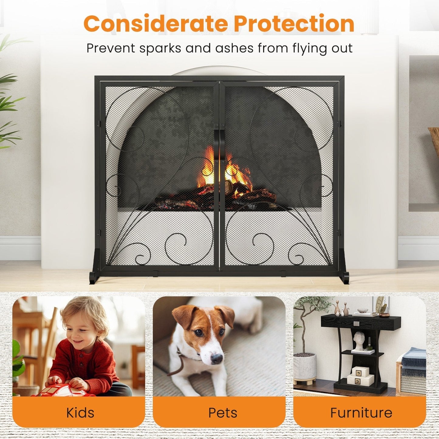 Double Door Fireplace Screen Flat Fire Guard with Magnetic Panels-Black