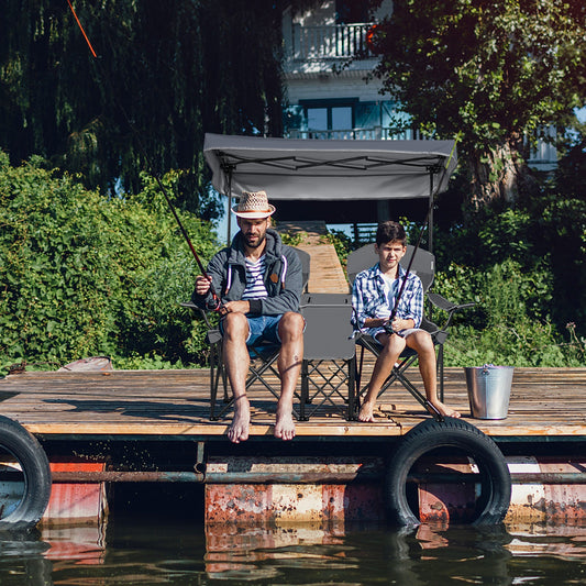 Double Folding Camping Chair with Canopy and Armrests-Grey