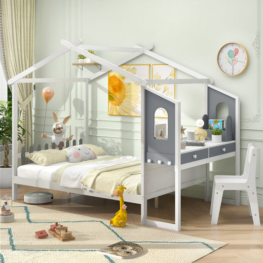 Single/Double House Bed Wood Montessori Bed Frame with Desk-Double Size