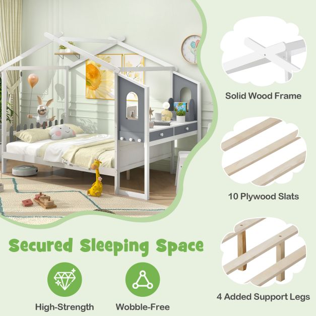 Single/Double House Bed Wood Montessori Bed Frame with Desk-Double Size