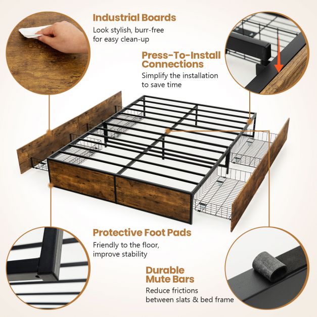 Double Metal Bed Frame with 4 Rolling Underbed Storage Drawers-190 x 135 x 33 cm