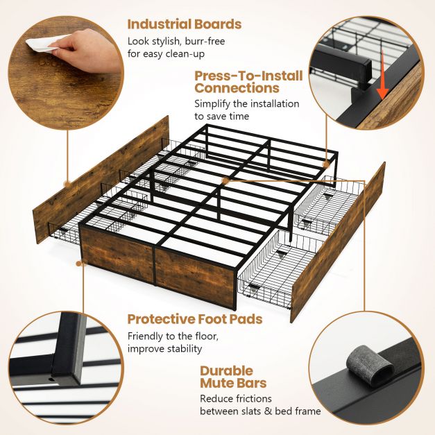 Double Metal Bed Frame with 4 Rolling Underbed Storage Drawers-190 x 120 x 33 cm
