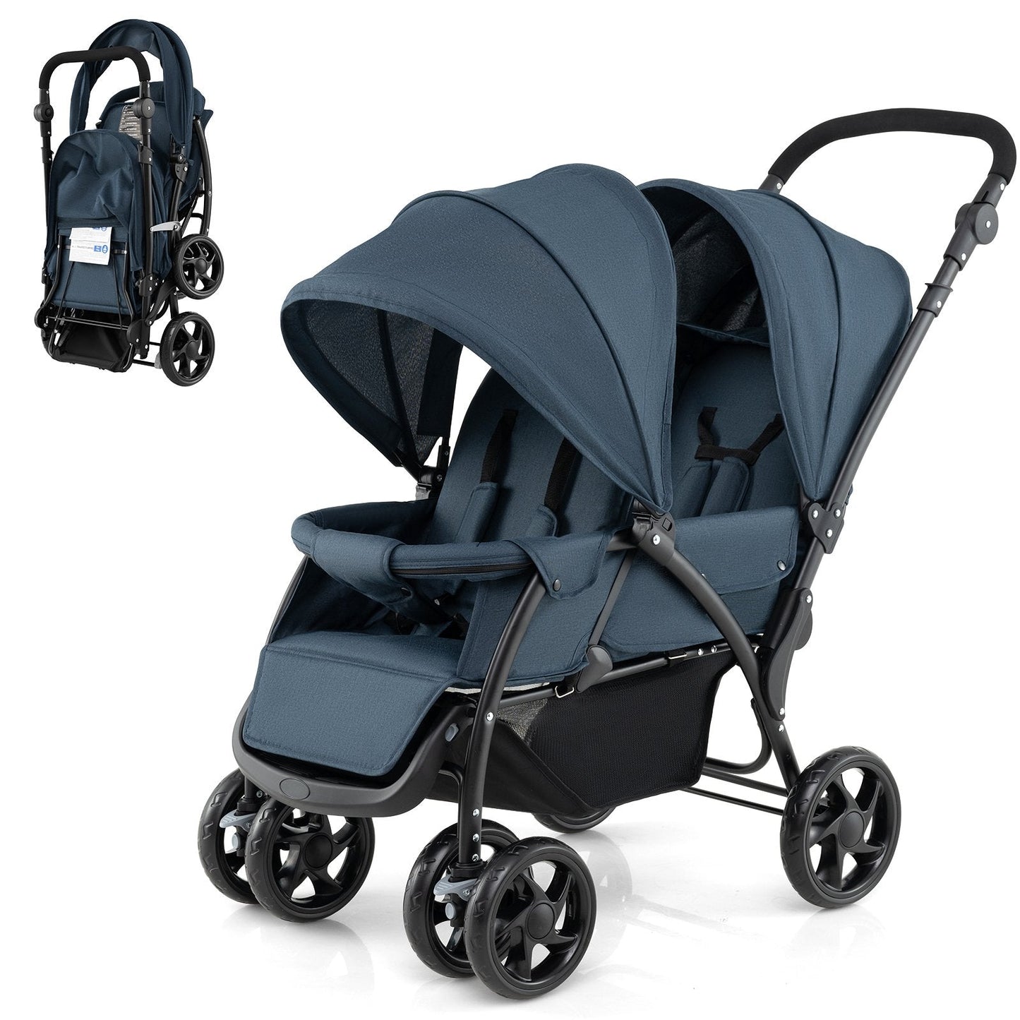 Double Pushchair with Adjustable Backrest and Sunshade-Blue