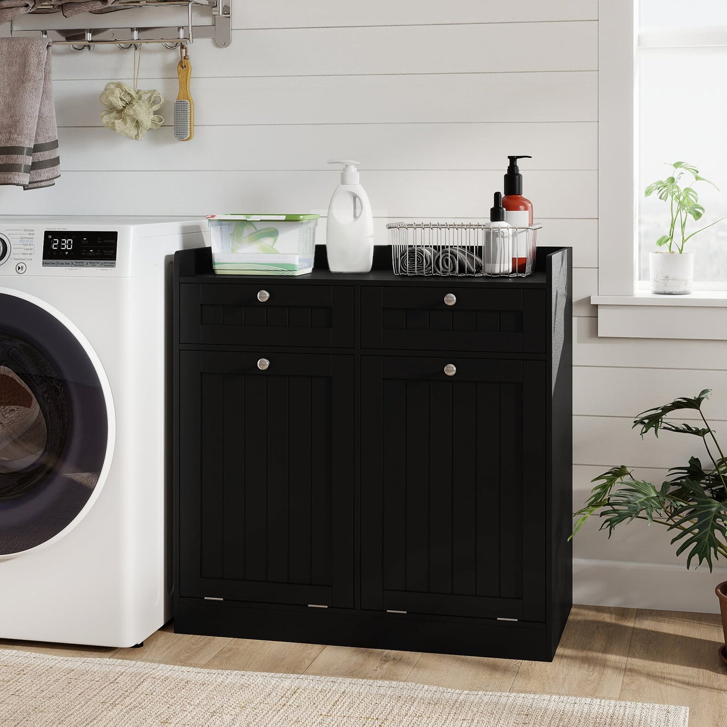 Double Tilt-Out Laundry Hamper Cabinet with Removable Baskets-Black