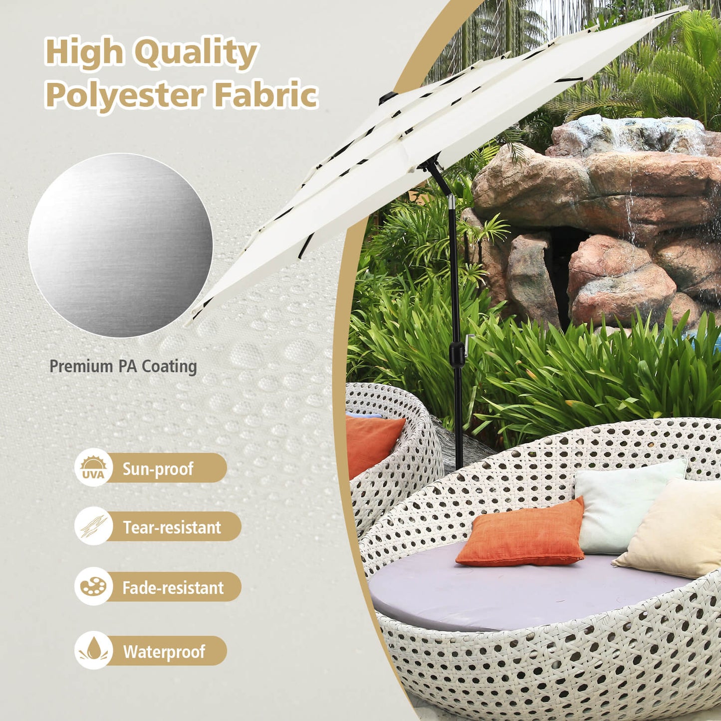 3 Meter Double Vented Outdoor Umbrella with Push Button Tilt and Manual Crank-Beige