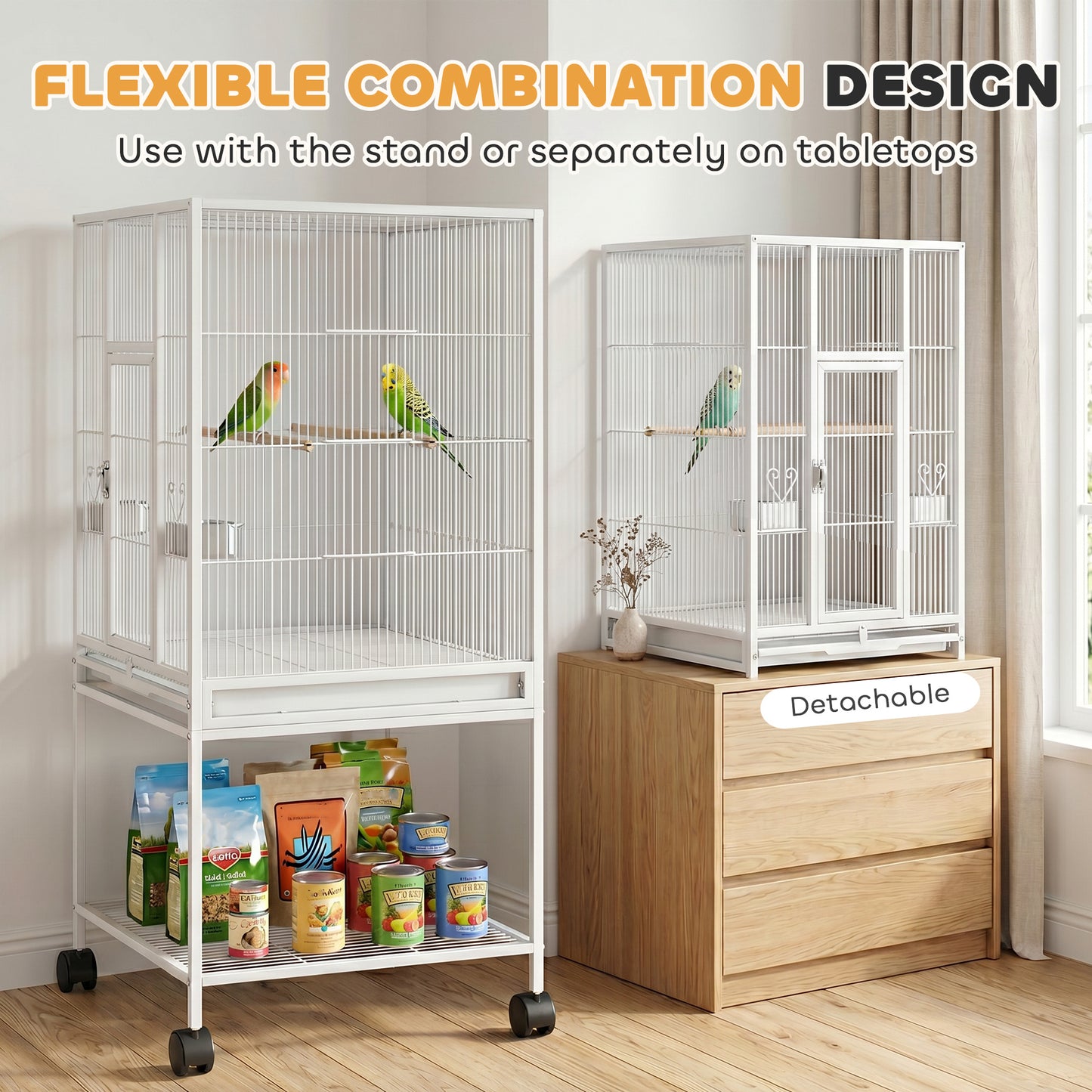 PawHut Bird Cage Detachable with Rolling Stand Parrot Cage with Storage Shelf White