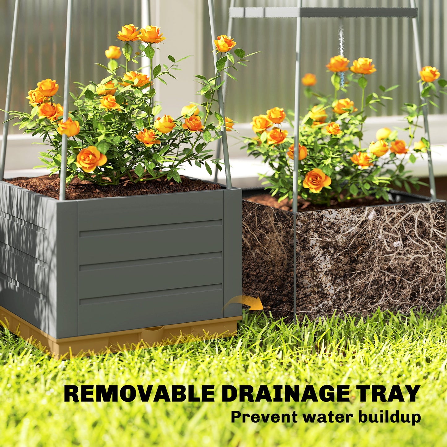 Outsunny 2 Pack Raised Garden Bed with Trellis, Plastic Outdoor Planter Box with Removable Drainage Tray