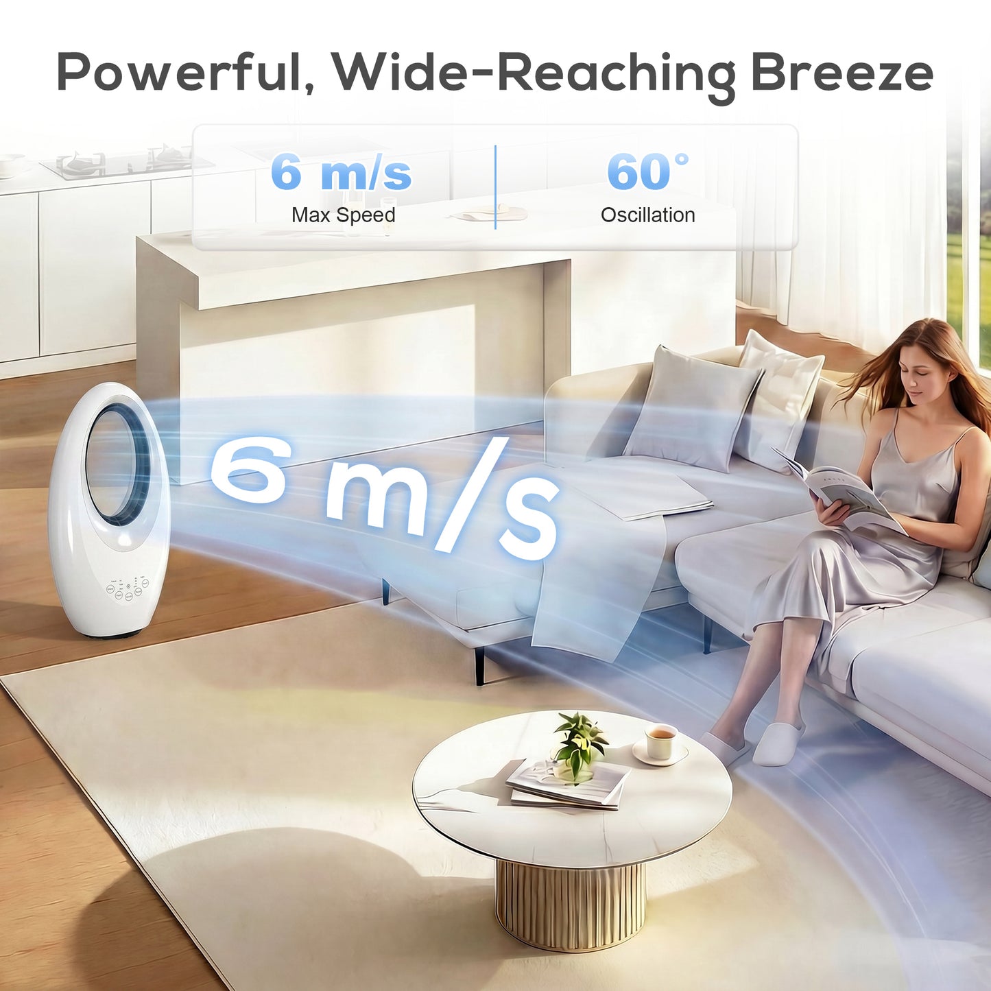 HOMCOM Bladeless Tower Fan, 36dB Standing Cooling Fan with 60° Oscillating, LED Lights, 3 Speeds, 7.5H Timer, Remote Control