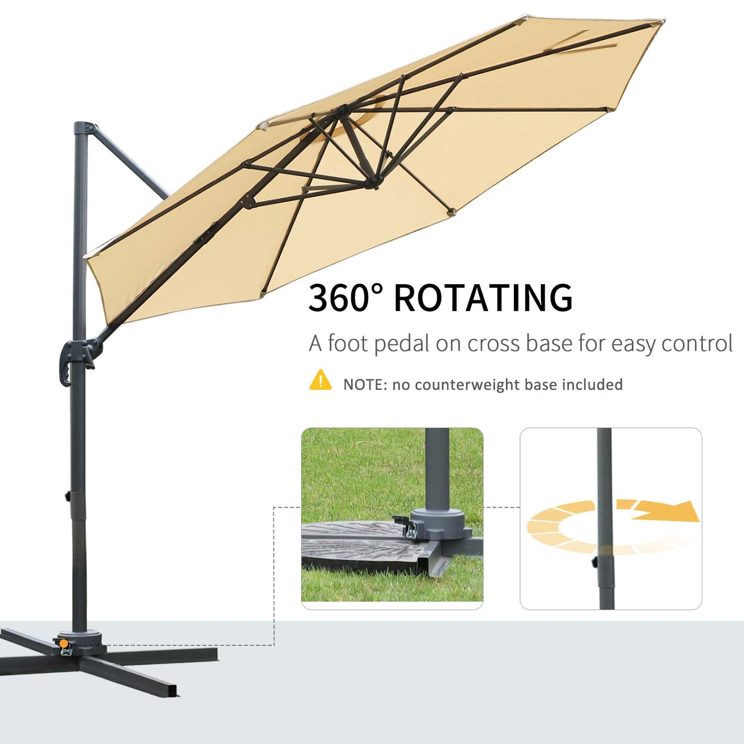 Outsunny Round Umbrella Parasol W/ Tilt 360 degrees Rotation and Hand Crank Cross Base-Beige