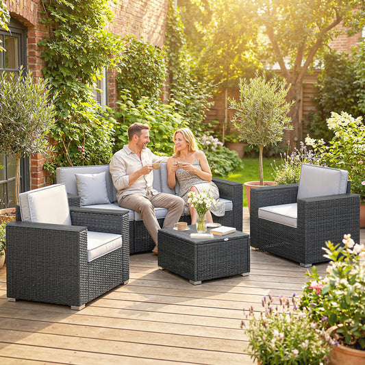 Outsunny 5 Seater Rattan Garden Furniture Set with Wide Armrests, Cushions, Pillows for Patio, Dark Grey
