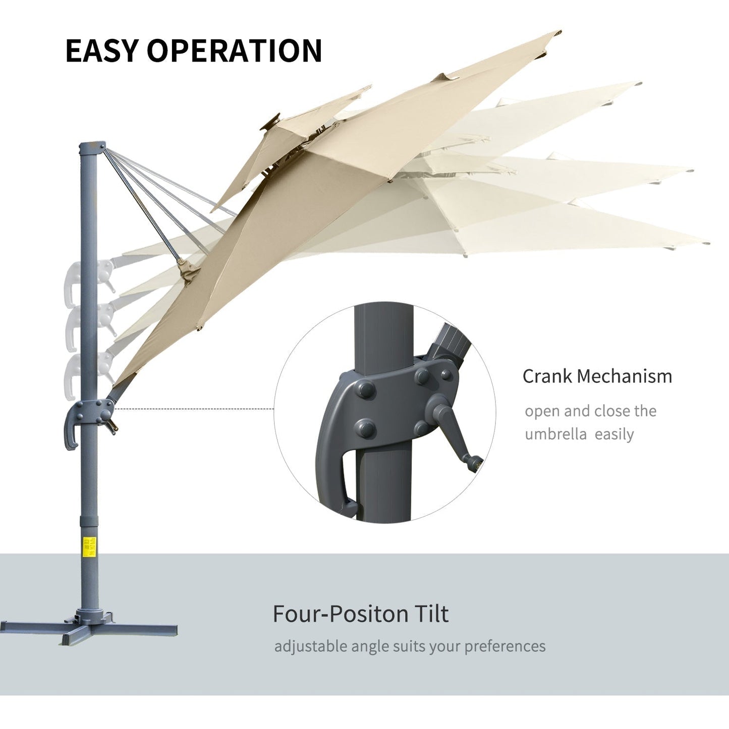 Outsunny 3m Cantilever Parasol w/ Solar Lights Power Bank Base 360 Spin Khaki