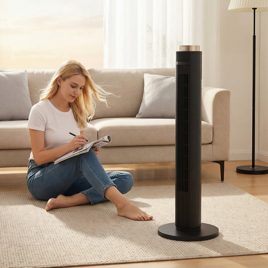HOMCOM Tower Fan with WiFi App Control, Standing Floor Fan with 3 Speed 4 Modes, 12 Hour Timer and Night Light Black