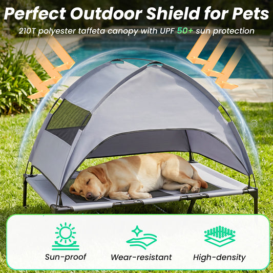 Elevated Dog Bed with Canopy and Raised Indoor Outdoor Pet Bed with Removable Shade Tent for Large Dogs-Grey