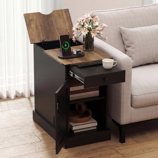 End Table Set of 2 with Charging Station and Storage Drawer-Black