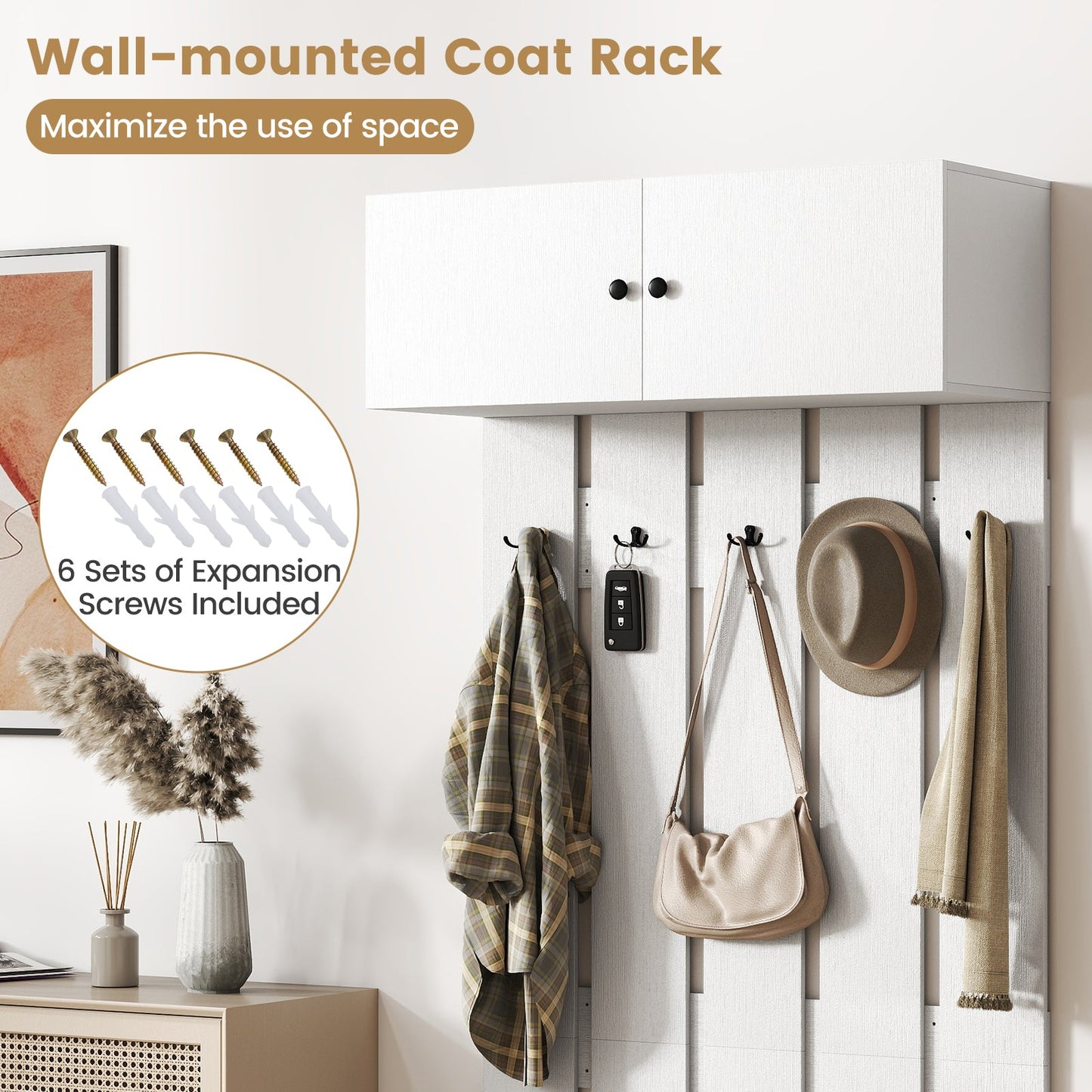 Entryway Wall Mounted Coat Rack Coat Rack with 5 Double Hooks and 2-Door Cabinet-White