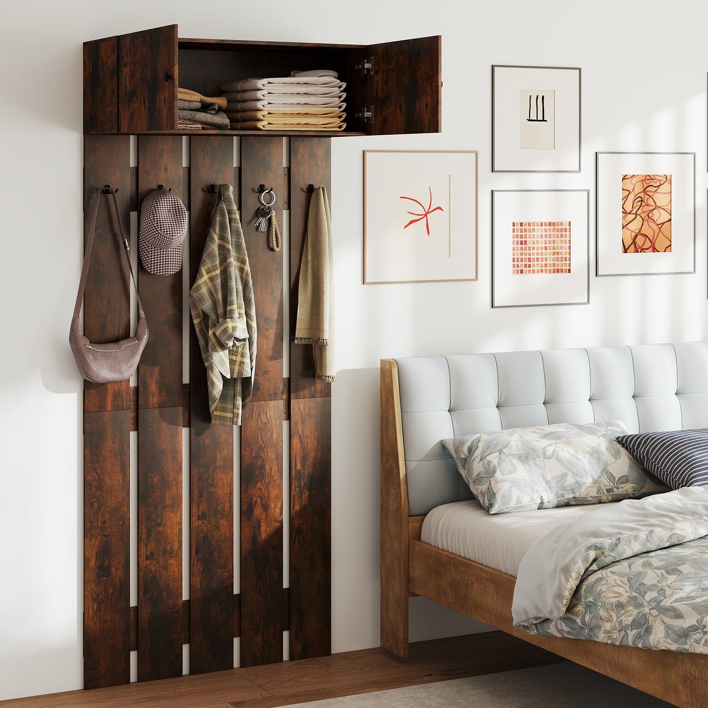 Entryway Wall Mounted Coat Rack Coat Rack with 5 Double Hooks and 2-Door Cabinet-Coffee