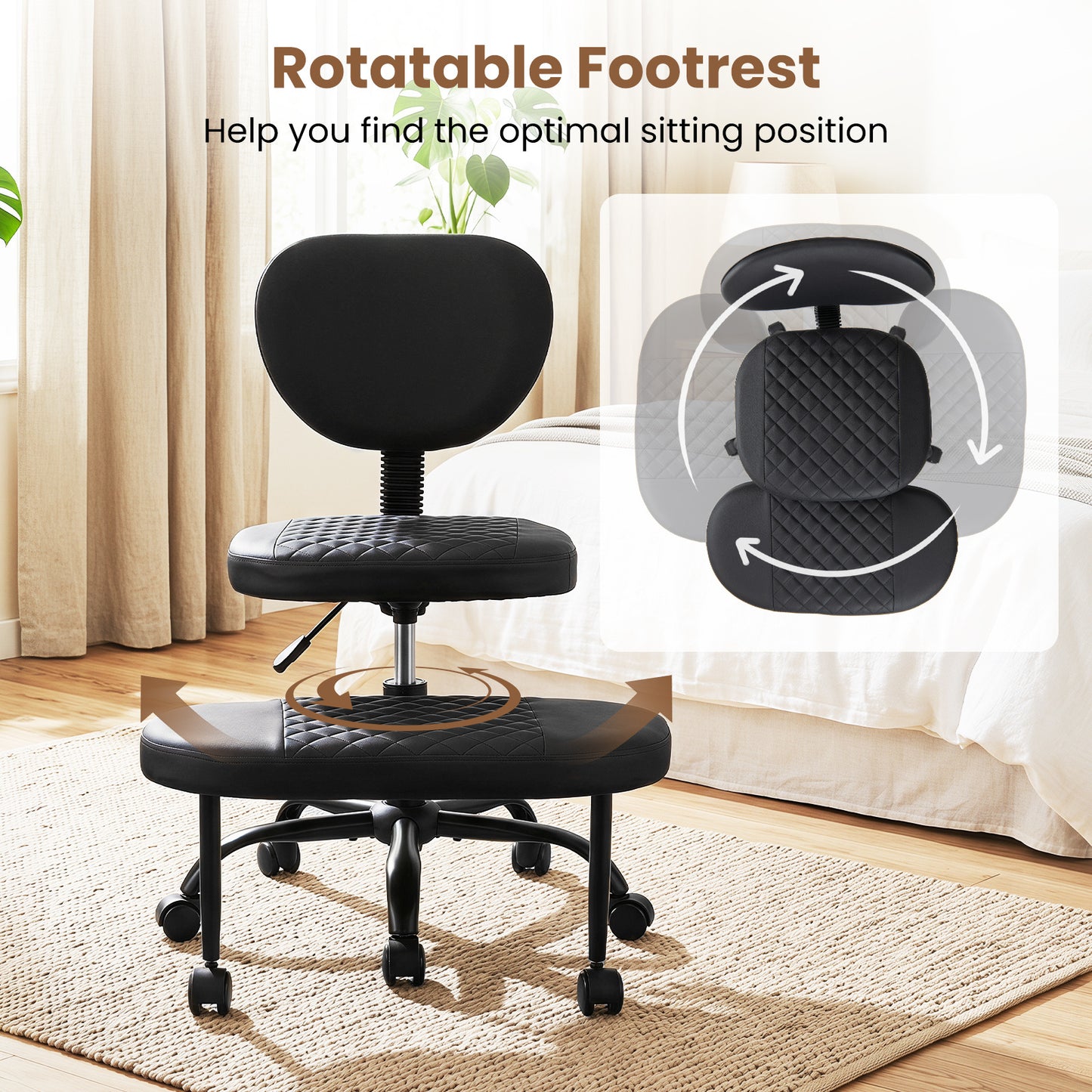 Ergonomic Cross Legged Office Chair with Wheels and Height-Adjustable Seat 360° Rotatable Footrest-Black