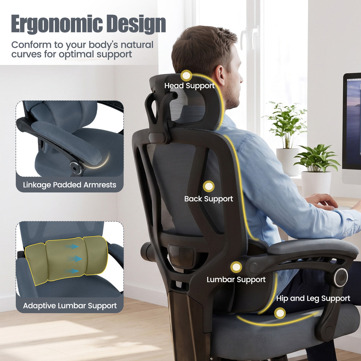 Ergonomic Office Computer Mesh Chair with High Back and Adaptive Lumbar Support-Grey