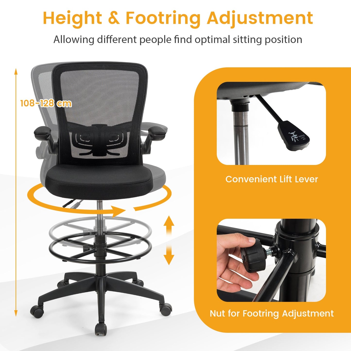 High Back Mesh Office Chair with Flip-up Armrests and Footrest Ring-Black