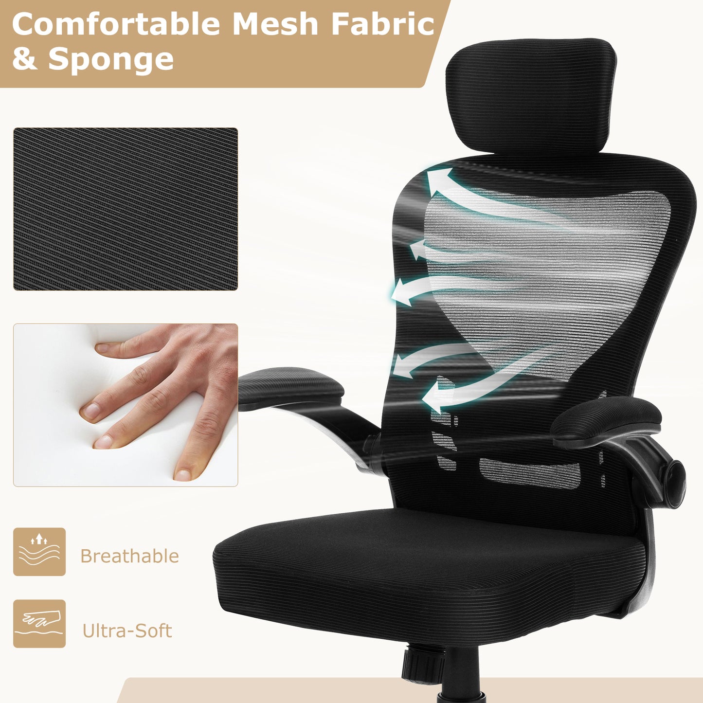 Ergonomic Mesh Office Chair with Adjustable Headrest and Height-Black