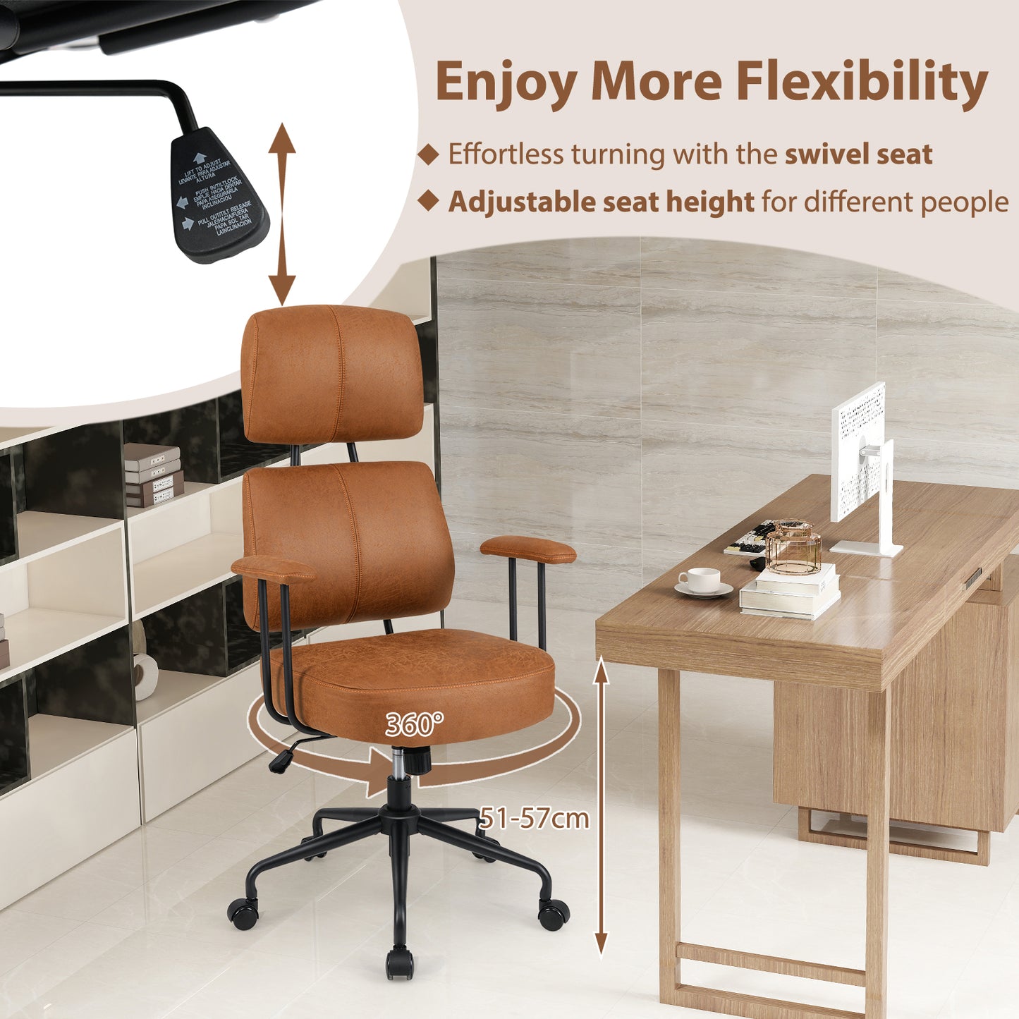 Ergonomic Office Chair with Adjustable Headrest and Spring Cushion Seat-Brown