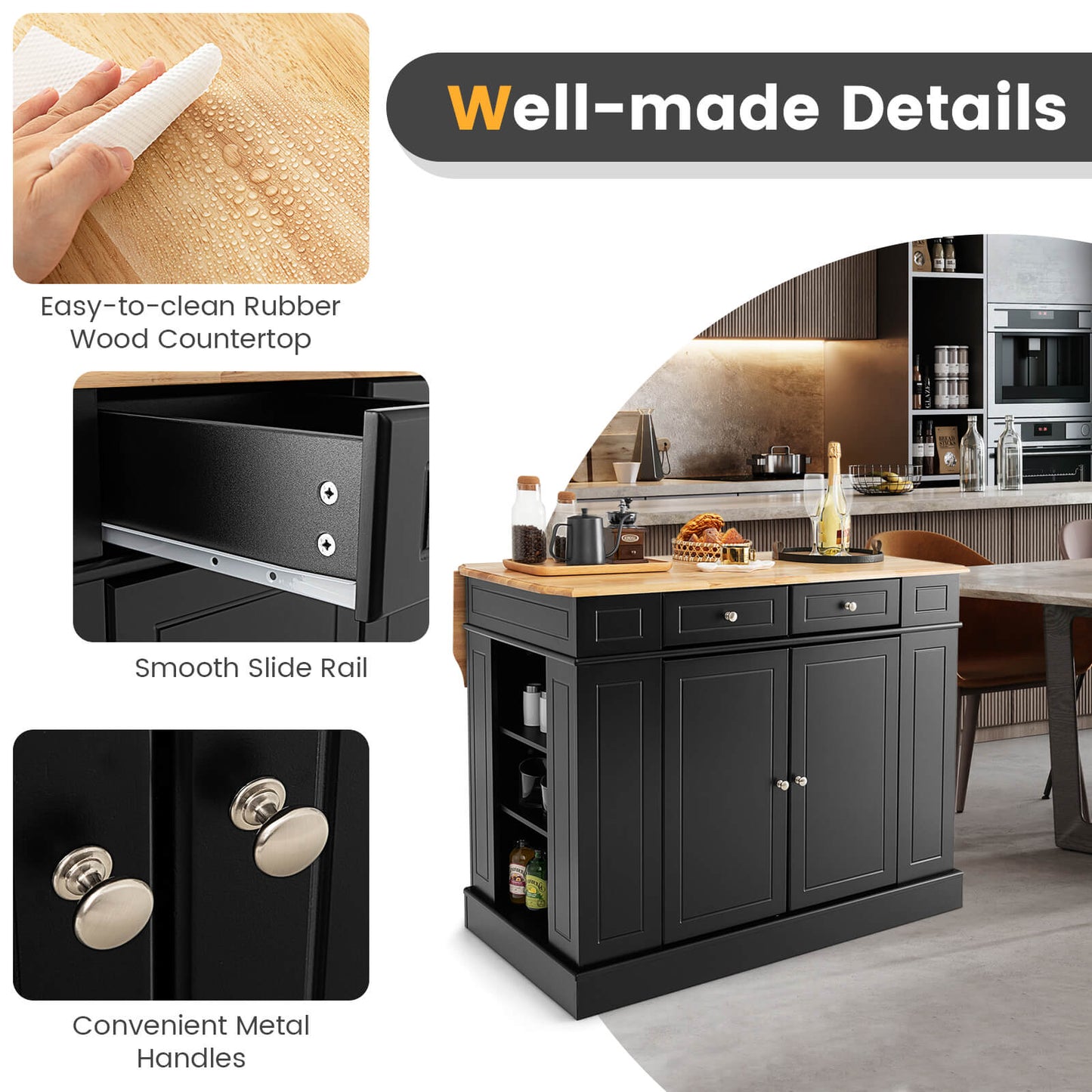 Drop-Leaf Kitchen Island with Extendable Worktop and Adjustable Shelves-Black