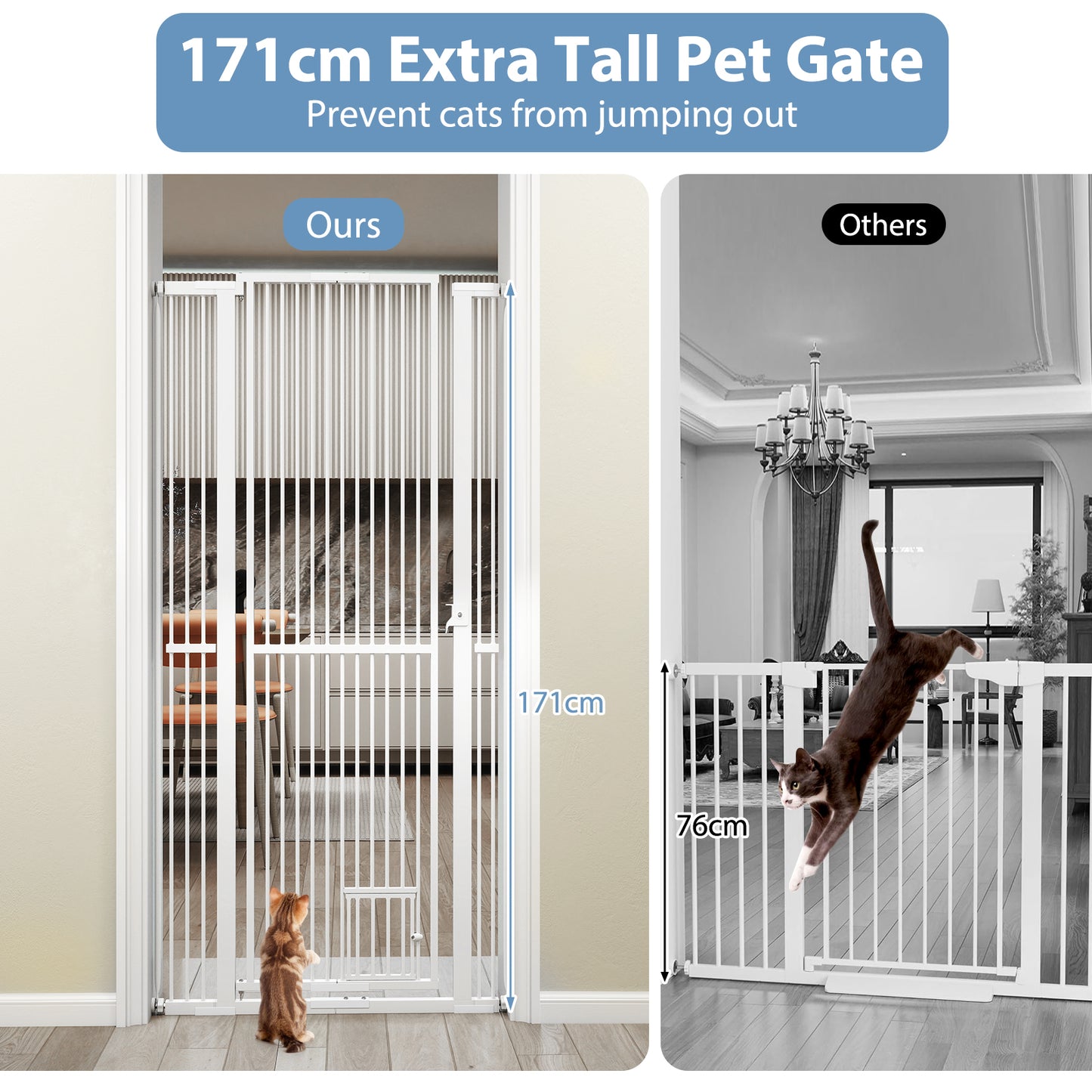 171 cm Extra Tall Pet Gate Heavy-Duty Metal Cat Gate with Wide Opening-White