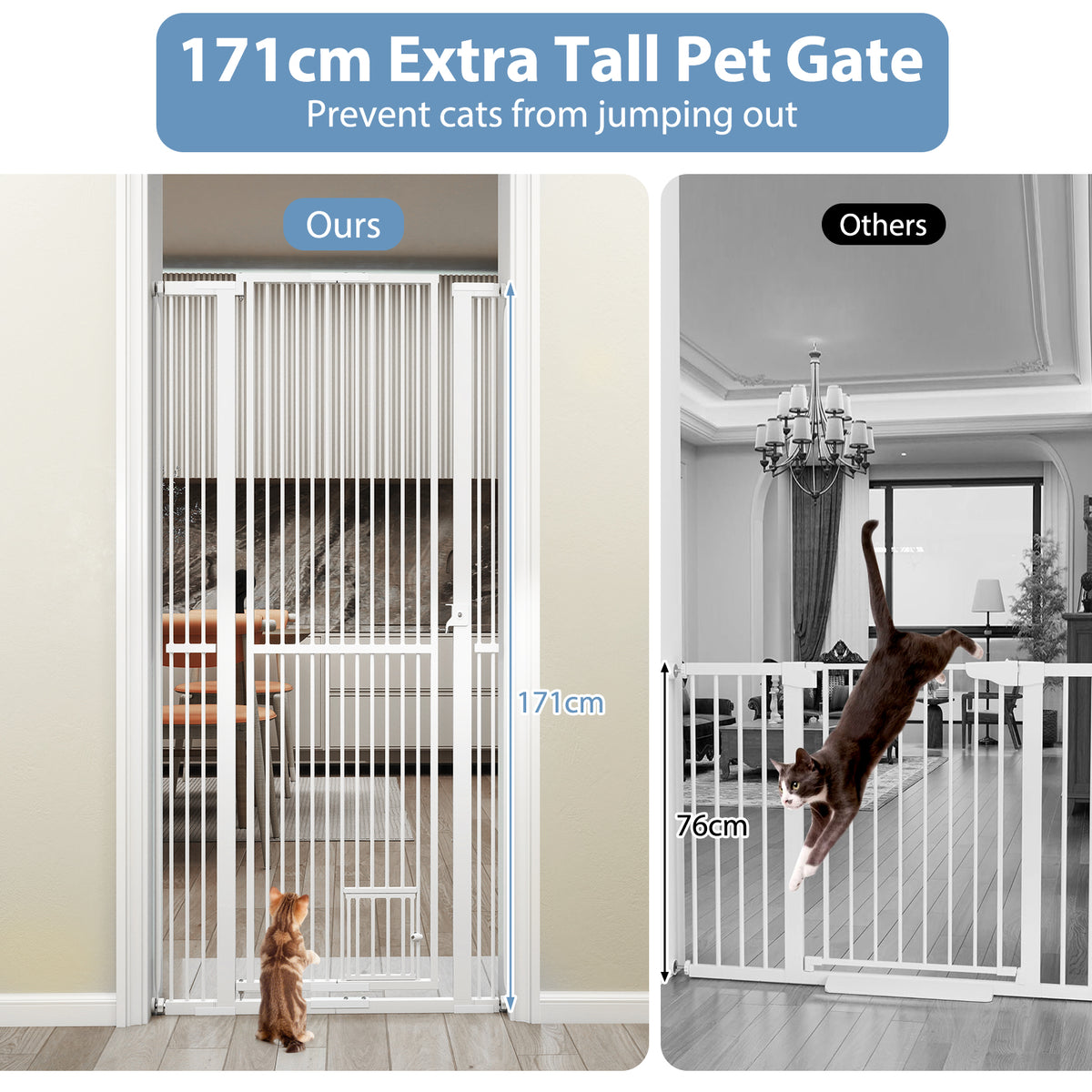 171 cm Extra Tall Pet Gate Heavy-Duty Metal Cat Gate with Wide Opening-White