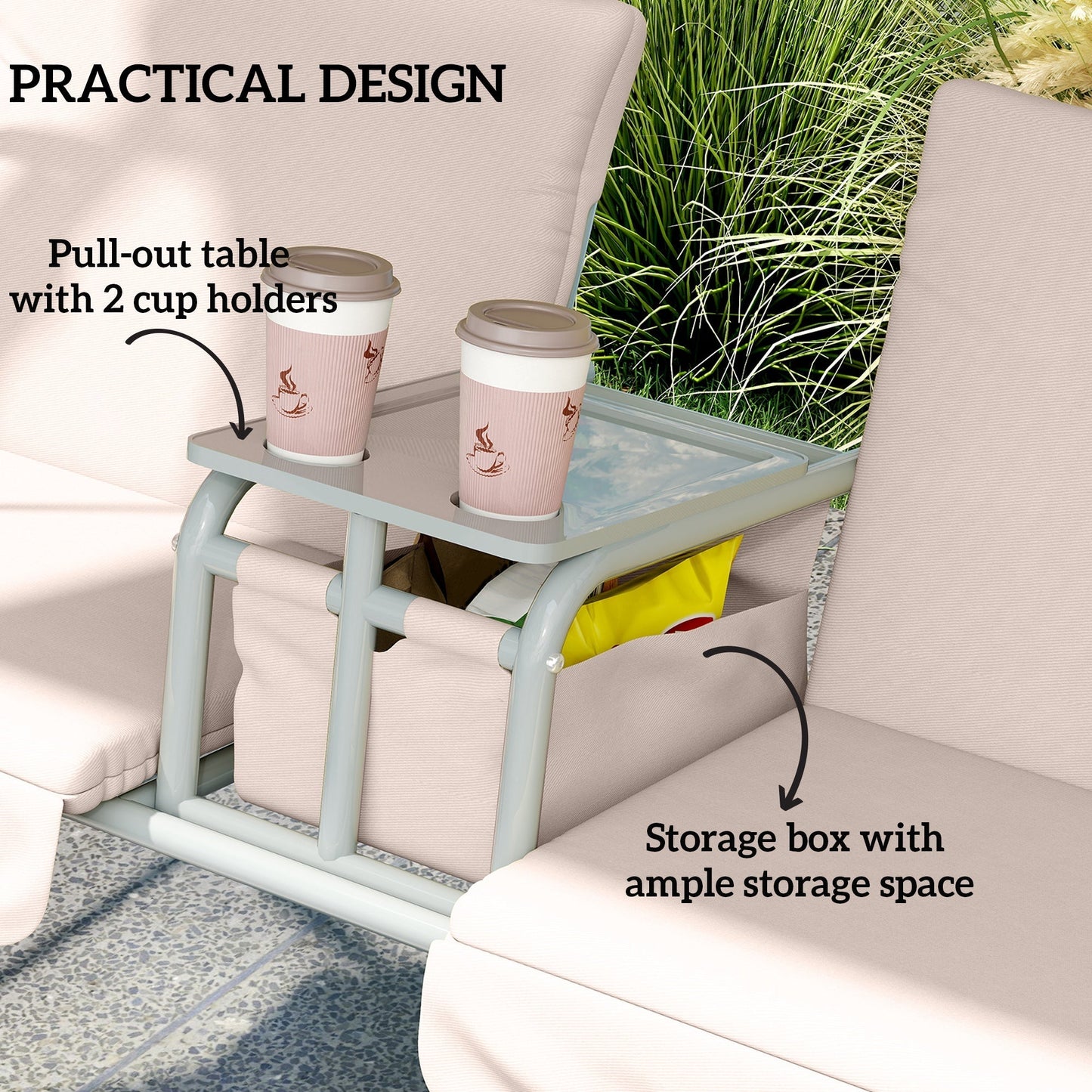 Outsunny 2 Seater Garden Swing Chair Patio Rocking Bench w/ Tilting Canopy, Double Padded Seats, Storage Bag and Tray, Beige