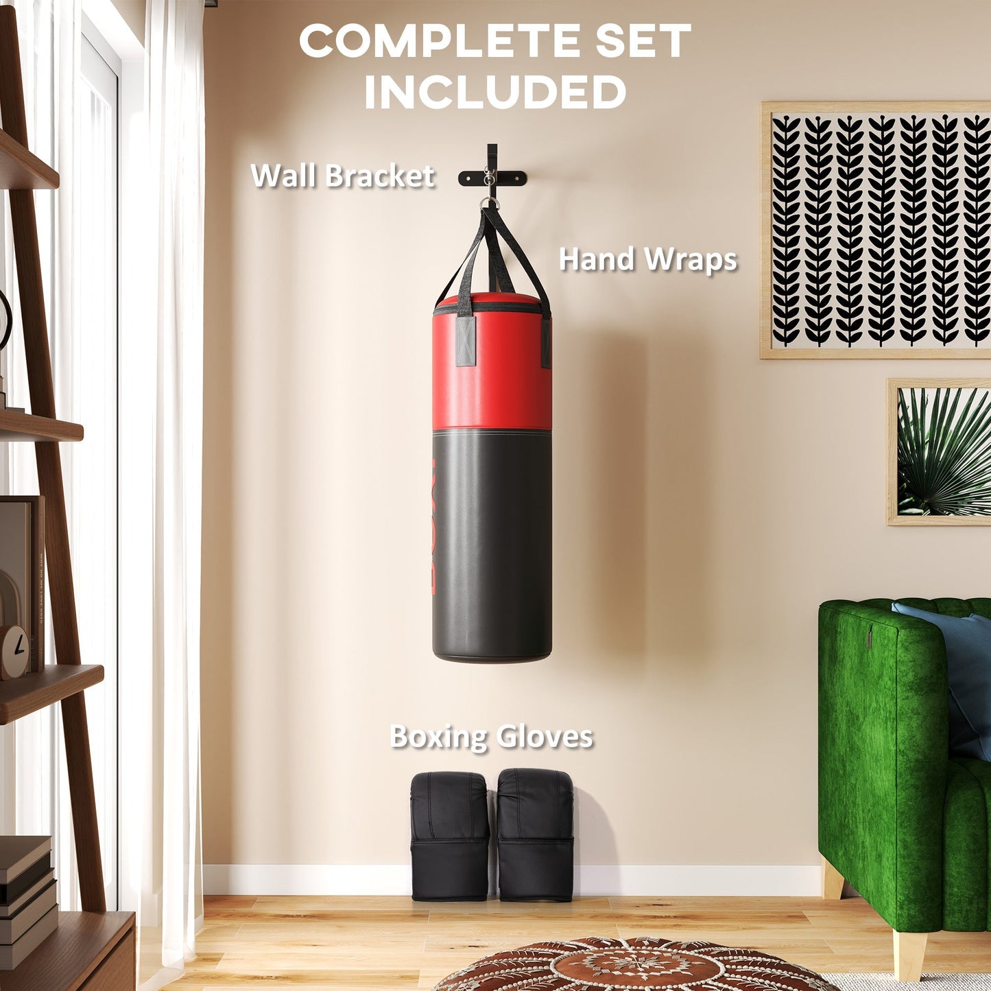 SPORTNOW Unfilled Punching Bag Set with Boxing Bag Bracket, Boxing Gloves, Hand Wraps and 360 Swivel Hook