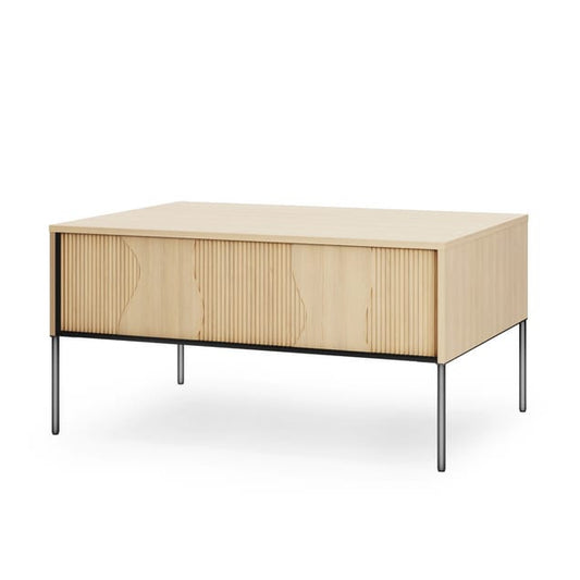 Wooden side table with metal legs on a white background