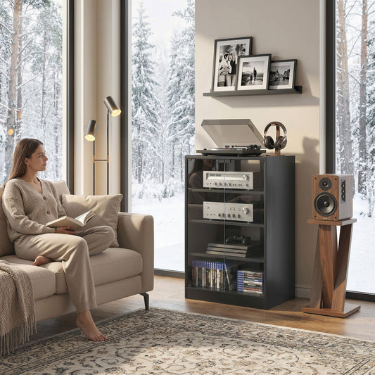 HOMCOM 4-Tier Hi-Fi Stand, Record Player Stand with Adjustable Shelves and Push-to-Open Glass Doors, Black Wood-Effect