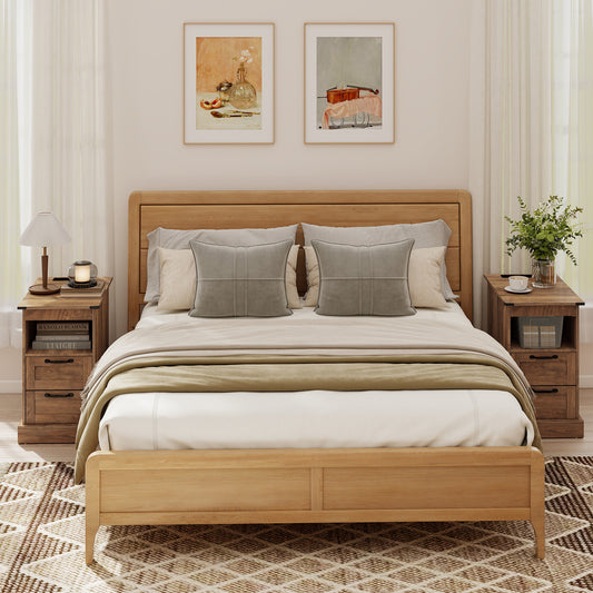 Farmhouse Nightstand with Charging Station with Open Storage Shelf and 2 Drawers for Bedroom-Rustic Brown