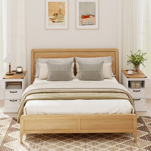 Farmhouse Nightstand with Charging Station with Open Storage Shelf and 2 Drawers for Bedroom-White