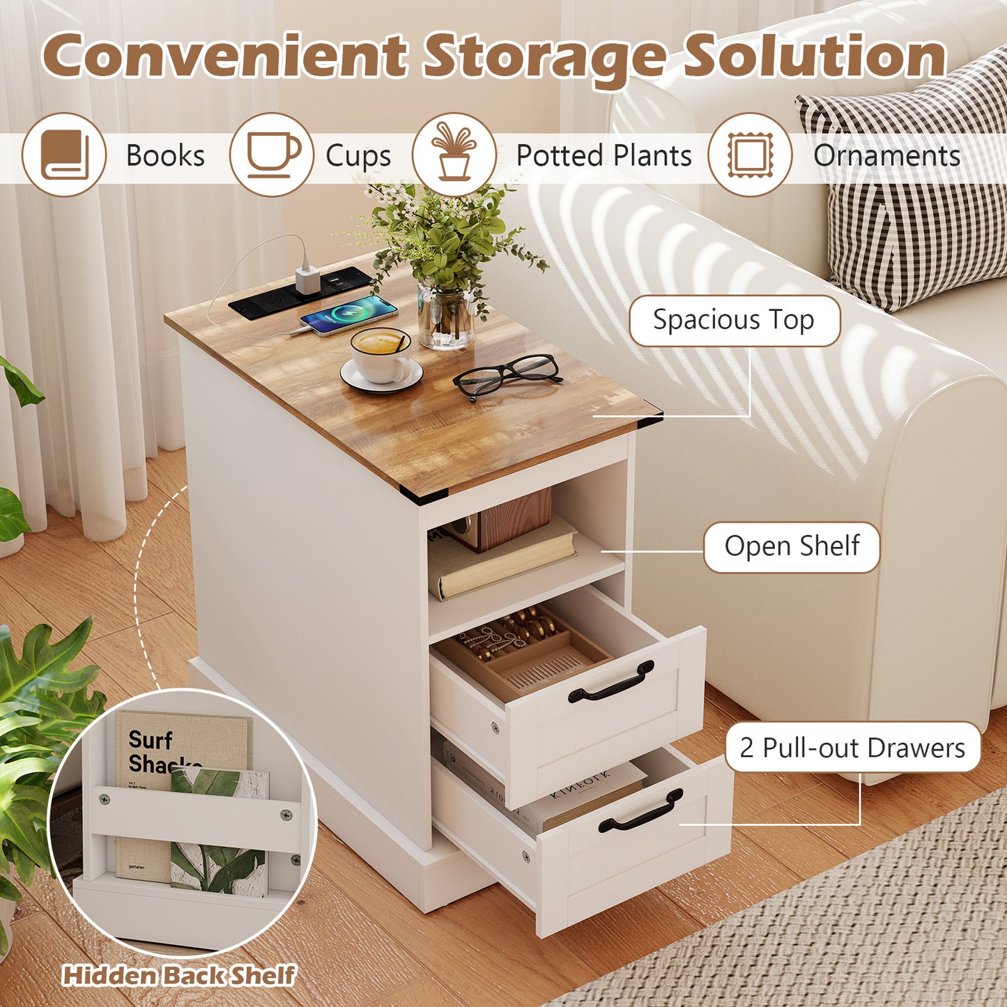 Farmhouse Nightstand with Charging Station with Open Storage Shelf and 2 Drawers for Bedroom-White