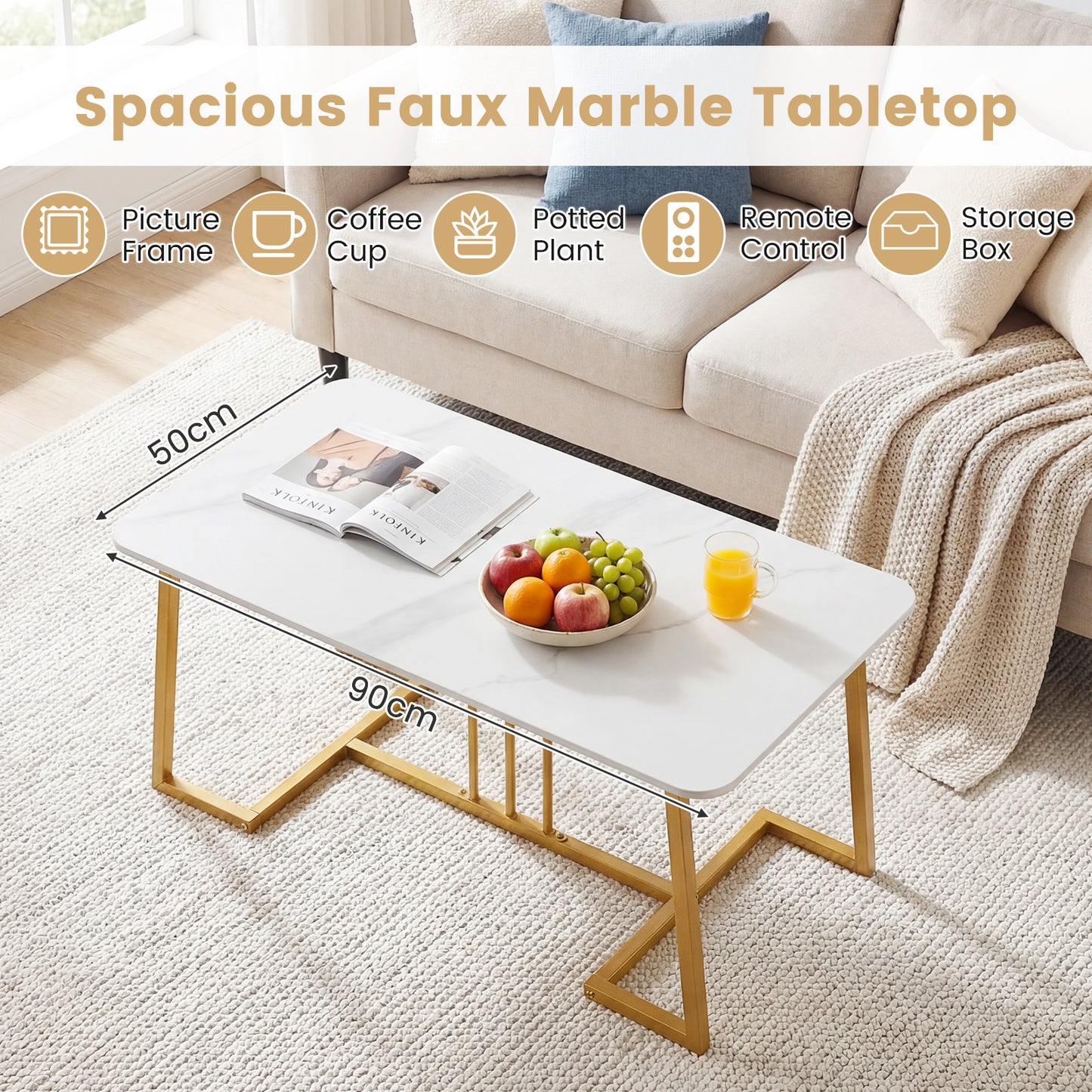 Faux Marble Rectangular Center Table with Heavy-Duty Metal frame-White