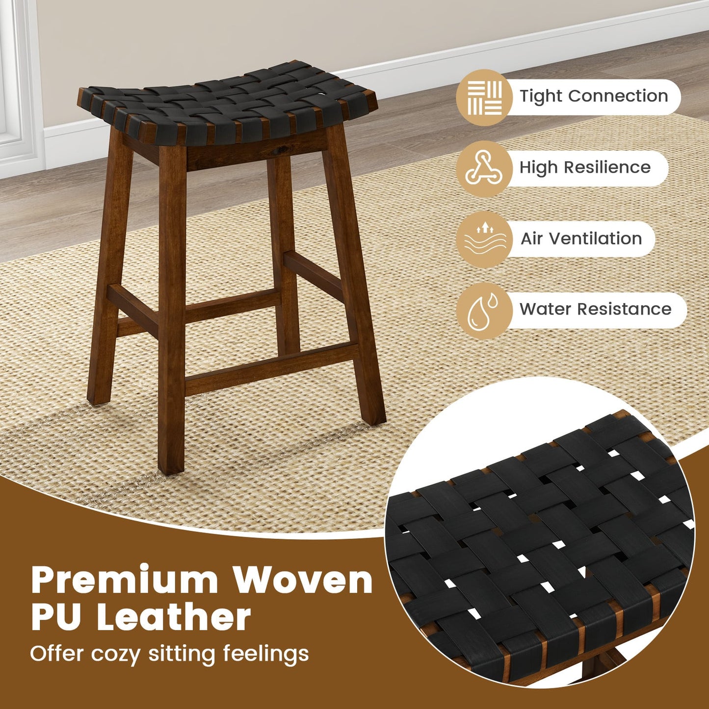 Faux PU Leather Counter Height Stools Set of 4 with Woven Curved Seat-Black and Brown