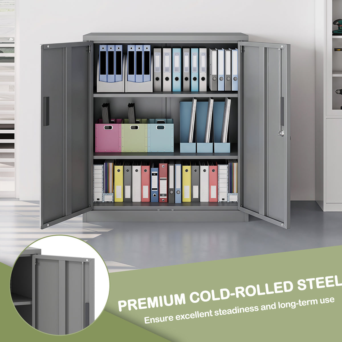 File Cabinet with 2 Lockable Doors and 2 Adjustable Shelve-Grey