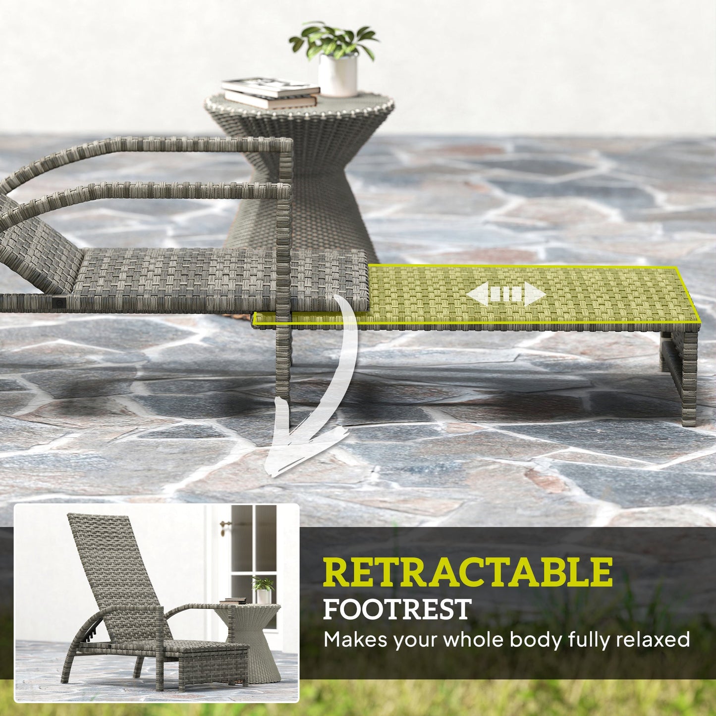 Outsunny Reclining Rattan Lounger, with Extending Footrest - Grey
