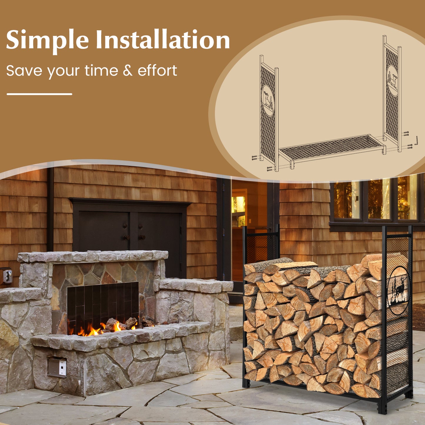 Firewood Rack Stand with Mesh Sides and Deer Tree Patterns