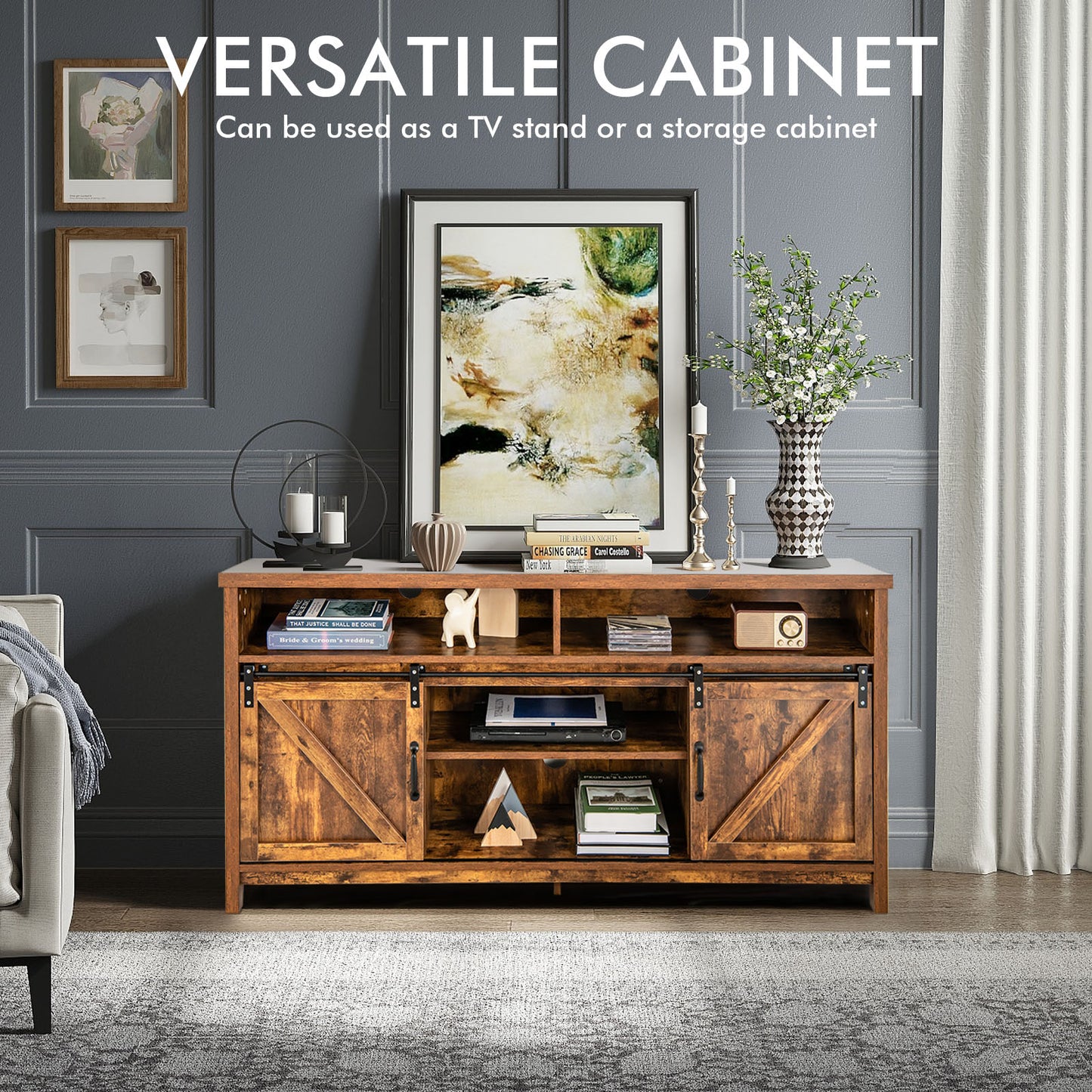 Sliding Barn Door Farmhouse Flat Screen Console for 65 Inch TVs-Rustic Brown