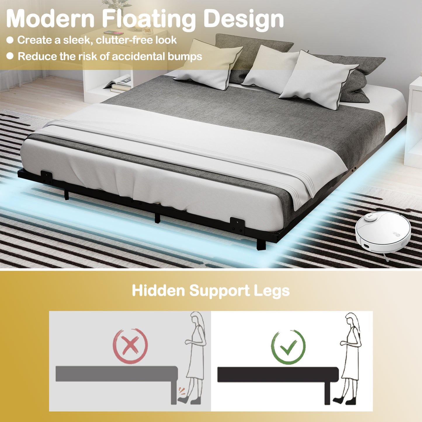 Double/King Size Floating Bed Frame Modern Metal Platform Bed with LED Lights-king size