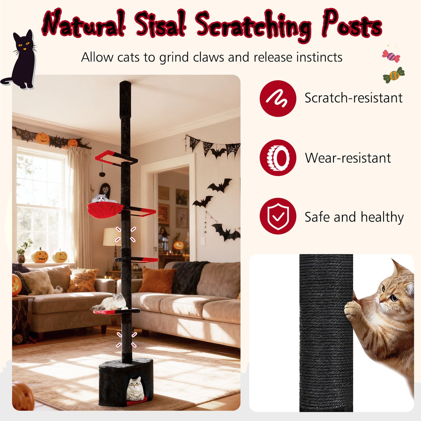 Floor to Ceiling Gothic Cat Tree 245-300 CM Adjustable-Black