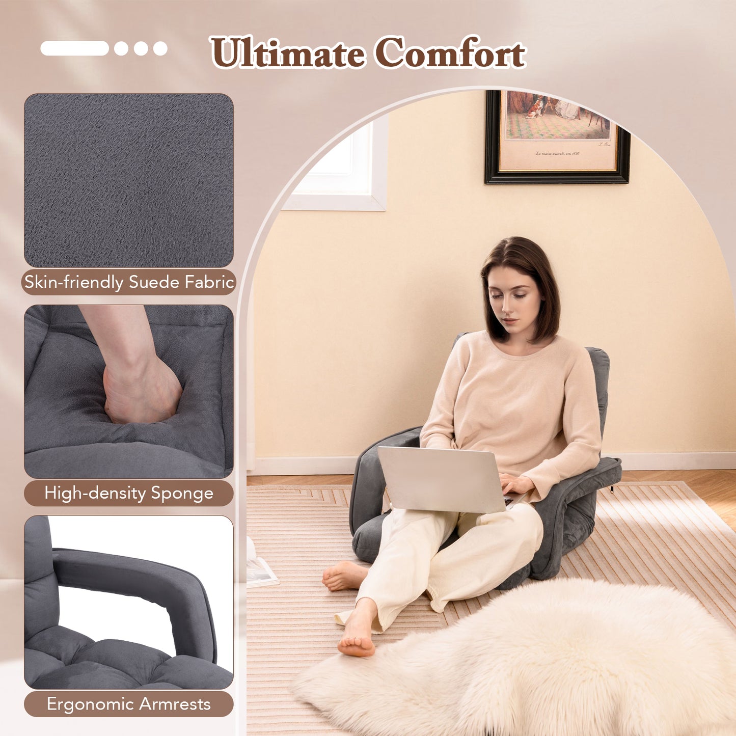 Floor Gaming Chair for Adults with Back Support and Adjustable 6-Position-Grey