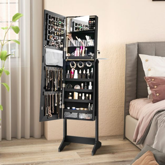 Freestanding LED Mirrored Jewellery Cabinet with Keyhole-Black