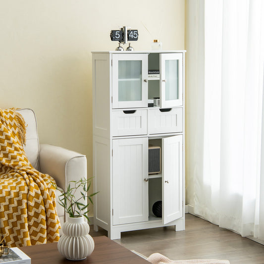Floor Storage Cabinet with 2 Glass Doors, 2 Drawers and Adjustable Shelves-White