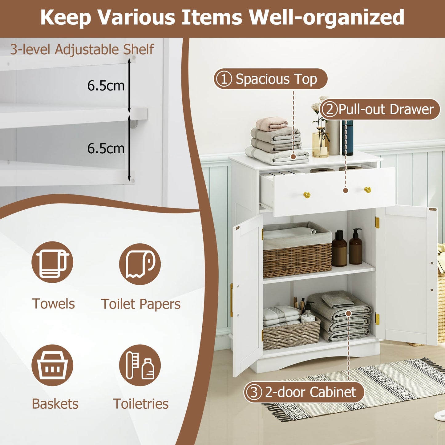 Floor Storage Cabinet with Doors and Adjustable Shelf-White